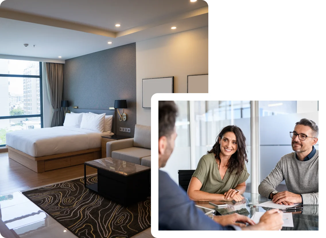 Hotel room and couple meeting advisor.