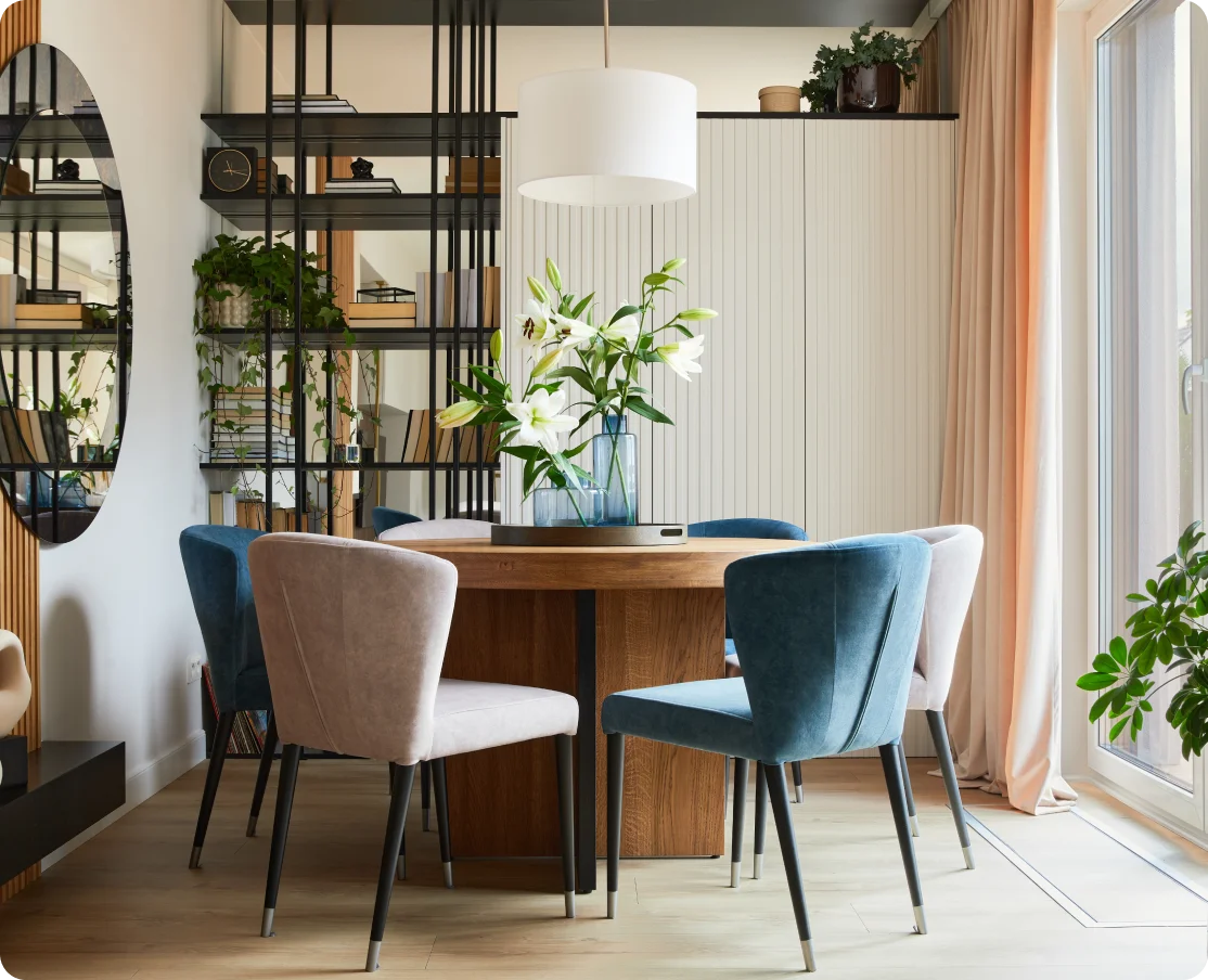 Modern dining room with wooden table.