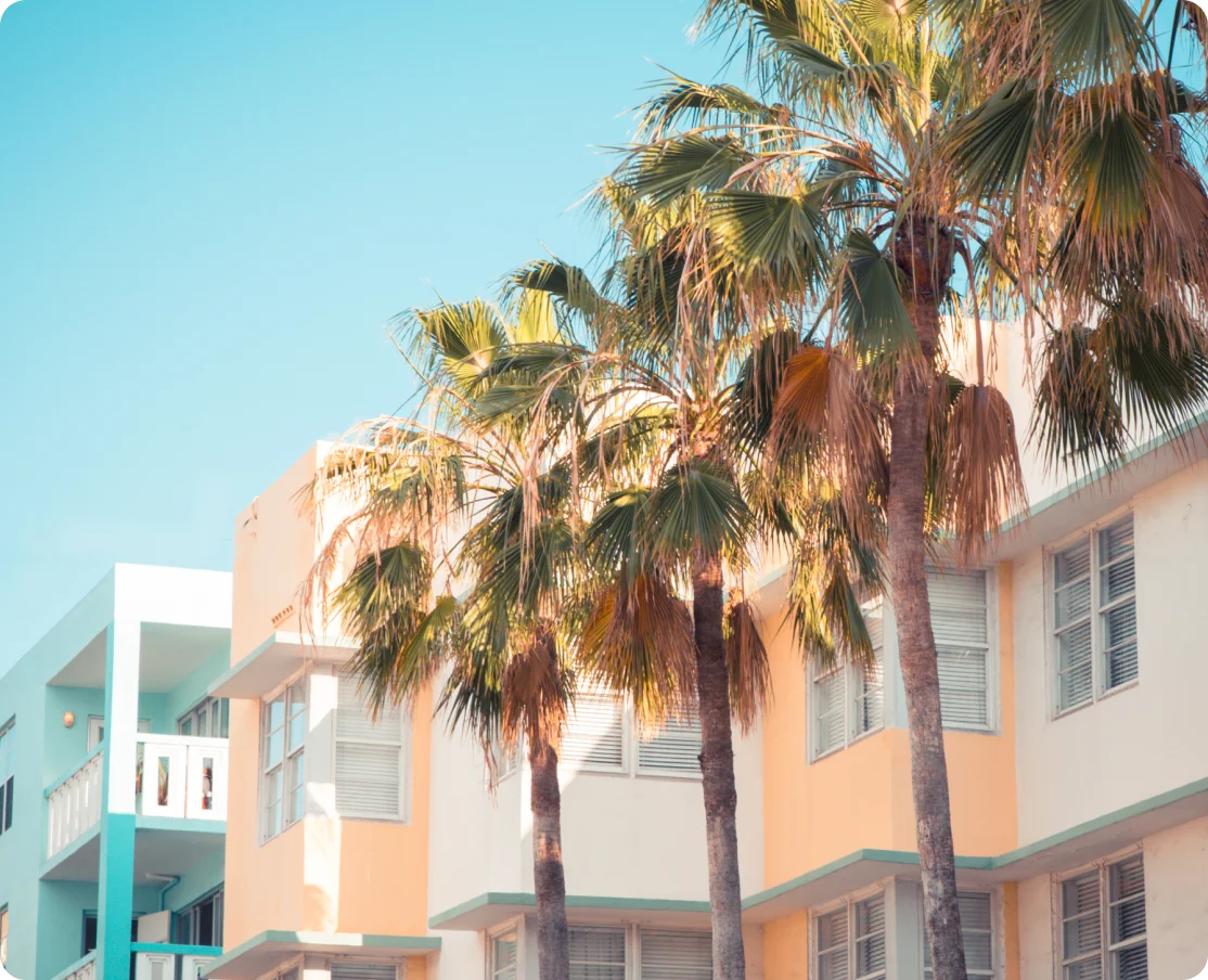 Palm trees beside pastel-colored buildings.