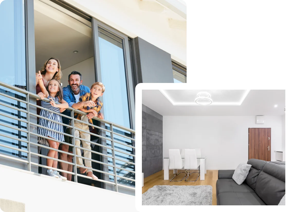 Happy family on balcony, modern home interior.